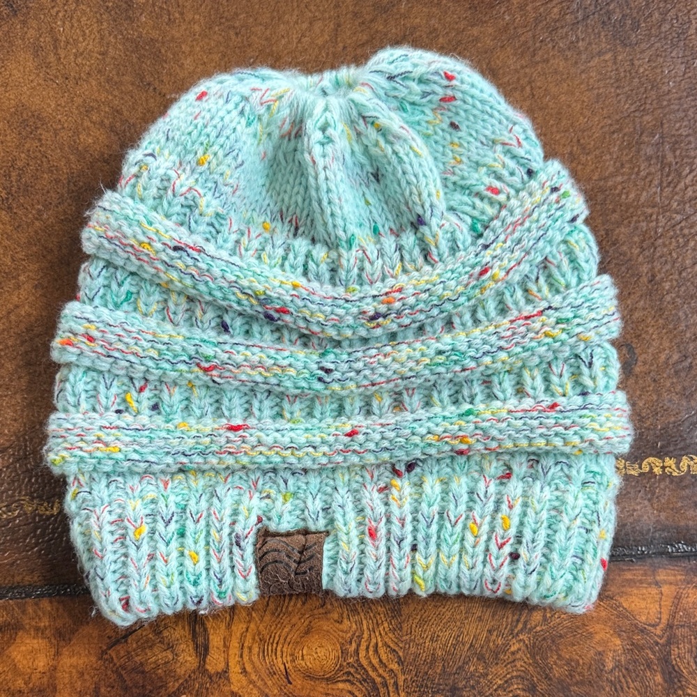 Cozy Multicolor Knit Beanie ponytail hole at top